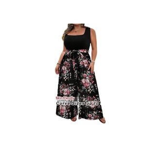 Plus Size Floral Wide Leg Jumpsuit Black Sleeveless Square Neck Boho Belted